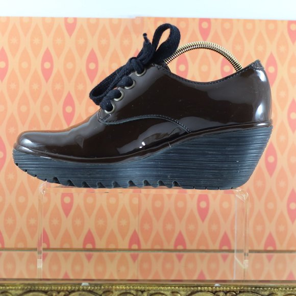 Fly London Chocolate Brown Patent Leather Wedges - Picture 3 of 16